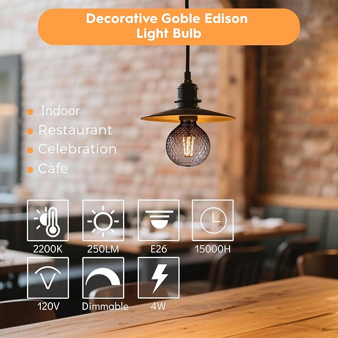 G125 Edison LED Bulb,4W Dimmable E26,2200K Smoky Diamond Glass | Oversized Decorative Edison Bulb, Mellow Ambient Light, Dim, Fit Indoor & Outdoor Store, Cafe & Dining Area Lighting - Image 4