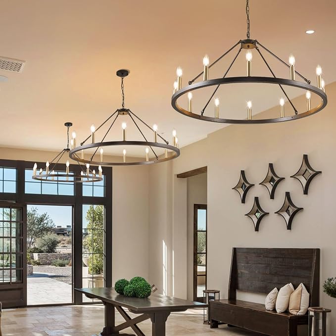 WJShome 37.5" Wagon Wheel Chandelier: The Ultimate Farmhouse Foyer Lighting Fixture - Gorgeous 12-Light Black and Gold Chandeliers to Enrich Your Dining Room! - Image 8