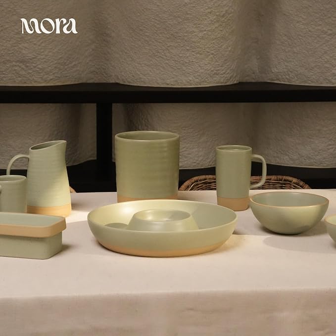 MORA Ceramic Chips and Dip Serving Tray: Large Divided Party Bowl Set for Chips & Salsa, Veggies & Dip, Fruit, Snacks, Entertaining, Hosting, etc. Minimalist Design for the Modern Hostess - Thyme - Image 8