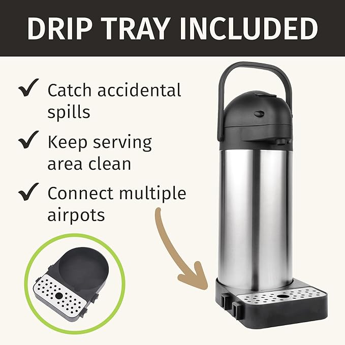 Coffee Carafe with Pump & Drip Tray - 74oz / 2.2L, 12 Hours, Thermal Carafe for Hot Liquids, Water Dispenser, Airpot Coffee Dispenser with Pump, Insulated Air Pot, Large Carafe for Hot Drinks