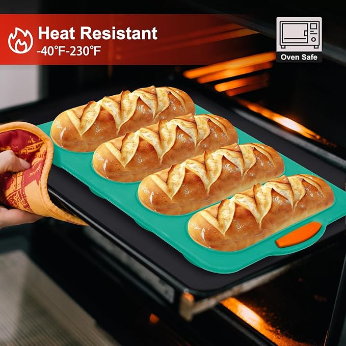 Silicone Bread Loaf Pan, 4-cavity Non-Stick Baguette Bread Pan Heat Resistant Hot Dog Bun Mold, for Sub Roll Baking Pan Bread Pans for Homemade Bread（Dark Green）