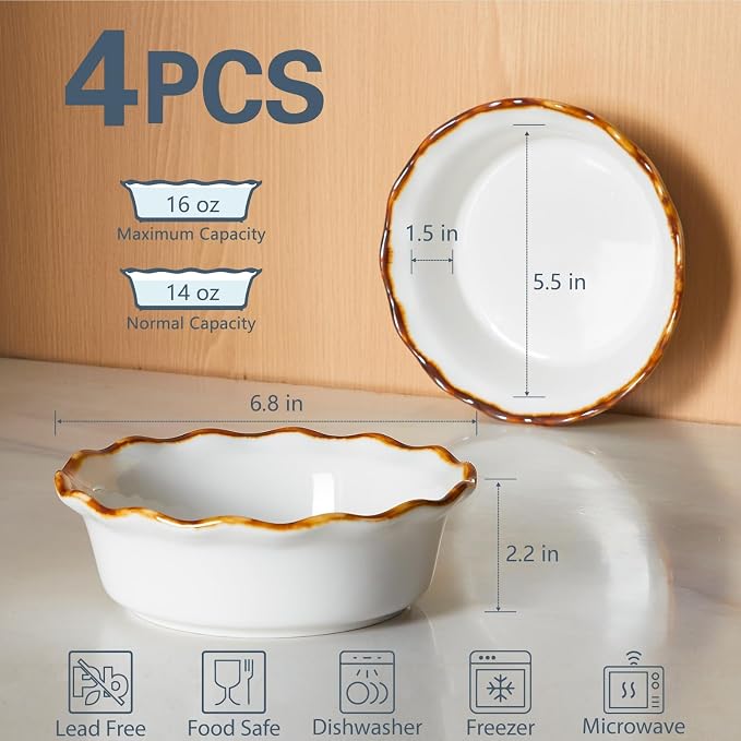 ONEMORE Mini Pie Pans, 6.8 inch Ceramic Pie Dish for Baking Nonstick Small Pie Pans Deep Dish Pie Plates Mini Tart Pans, Ideal for Chicken Pot Pie & Desserts, Individual Pot Pie Baking Dishes Set of 4 - Image 5