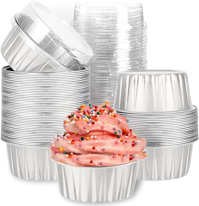 Mini Aluminum Foil Cupcake Baking Cups with Lids (40pcs, 5oz) Round Cupcake Foil Liners Tart Pie Tin Pan Holder - Disposable Mini Cake Containers Flan Molds for Pudding, Souffle, Party, Wedding by Findful