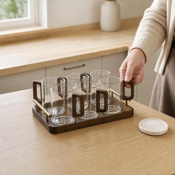 Borosilicate Glassware Set - Heat Resistant Drinking Glasses Set for Hot and Cold - for Home Use, Transparent wooden handle cups (460ML)*6 + tray (with handle) - Image 2