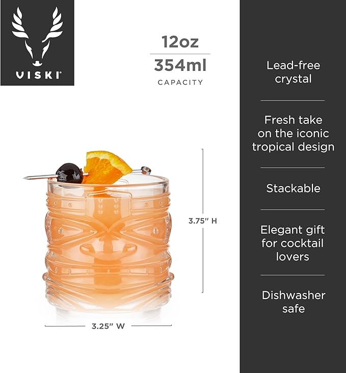 Viski Pacific Tiki Glasses Stackable Lowball DOF Tumblers, Tropical Cocktail and Bar Gifts for Rum and Whiskey, 12 Oz, Set of 2 - Image 3
