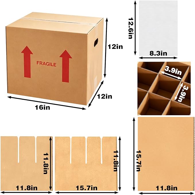 4 Sets Wine Boxes for Moving, 16 x 12 x 12 Inch Wine Bottle Moving Boxes with Reinforced Cardboard and Handles, Corrugated Boxes with Fragile Labels for Glassware, Moving, Packaging, Storage - Image 2