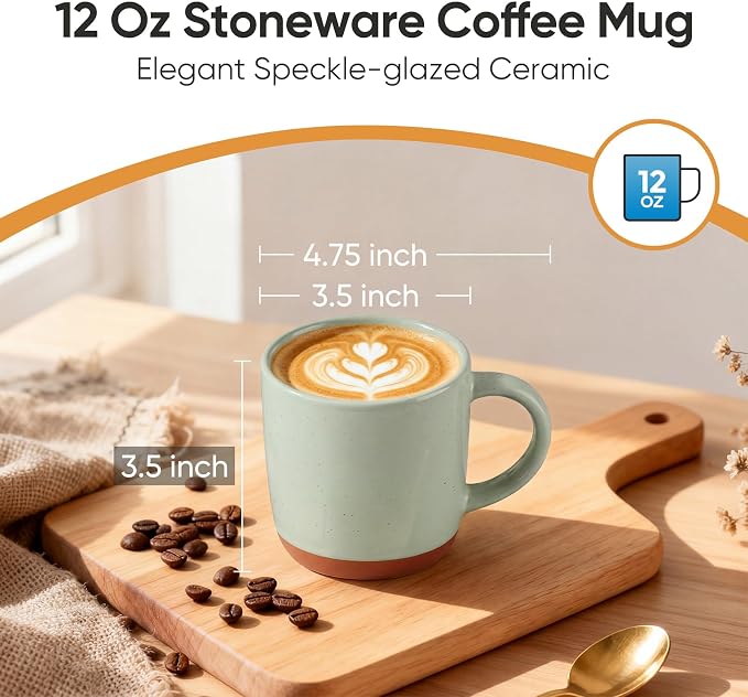 E-far Ceramic Coffee Mug Set of 4, 12oz Stoneware Coffee Cup with Handle, Porcelain Tea Cups, Modern Farmhouse Latte Mug Gift Set for Women & Men, Microwave Safe, Speckled Green - Image 2