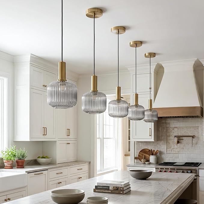 KCO Mid Century Modern Gold 7.9" Smoke Gray Ribbed Glass Pendant Light | E26 Base, Adjustable Hanging, Vintage Brushed Brass Hanging Light Fixture for Sloped Ceiling Kitchen Island Dining Room Bar - Image 4