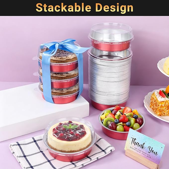 Beasea 50 Pack Mini Tart Pans with Lids, 7.3oz Disposable Aluminum Foil Baking Cups, 4" Round Pie Container Small Tart Pie Pans for Individual Cupcake Muffin Cheesecake Quiche - Grapefruit Pink - Image 5