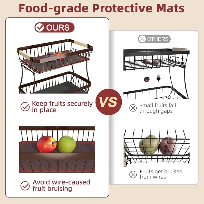 2-Tier Fruit Basket with Banana Hangers, Detachable Metal Bowl | Wooden handle, protective mats included. Versatile holder for bread, snacks, and veggies. Extra Large 2 tier metal design. - Image 5