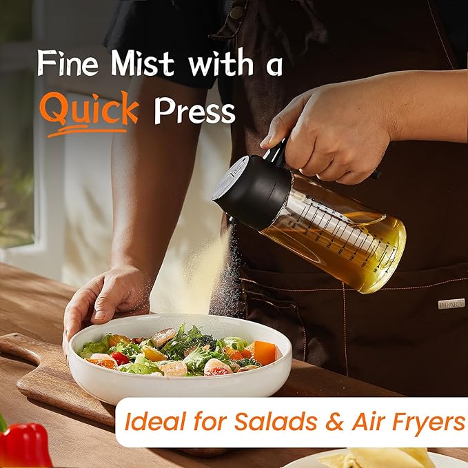 TrendPlain 16oz/470ml Glass Olive Oil Sprayer for Cooking – 2 in 1 Olive Oil Dispenser Bottle for Kitchen Gadgets and Air Fryer Accessories, Salad, BBQ - 2 Black - Image 2