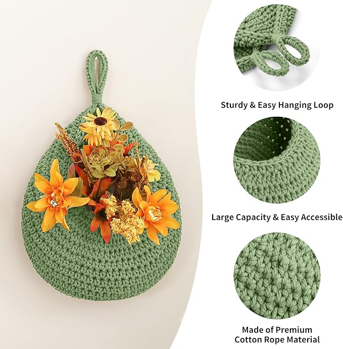Boho Wall Hanging Fruit Baskets for Kitchen 3 Pack Woven Produce Holder with 6 Pcs Strong Hooks Vegetable Hanging Basket for Organizing Teardrop Home Wall Potato Onion Storage, Green - Image 2