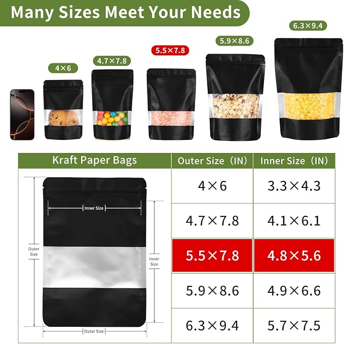 Motomy 100Pcs 5.5x7.8 Inch Stand Up Pouches Black Mylar Bags | Zipper Food Storage Coffee Snacks Baked Food Packaging for Small Business - Image 2