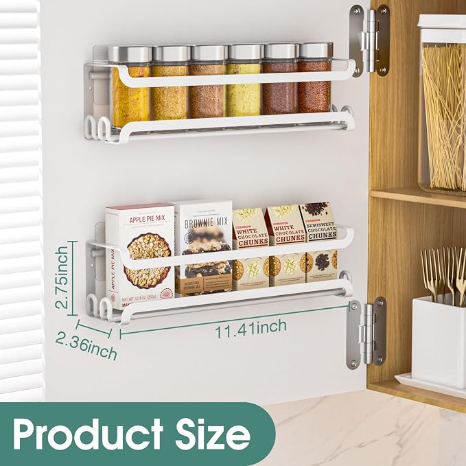 LUCYCAZ 4 Pack Wall Mounted Spice Rack for Kitchen Cabinet,RV,Camper,White | 16 Metal Hooks, Space-Saving,Screw or Adhesive Spice Shelf Hanging,for Pantry Door Spice Jars & Seasonings,11.41×2.75×2.36in - Image 2