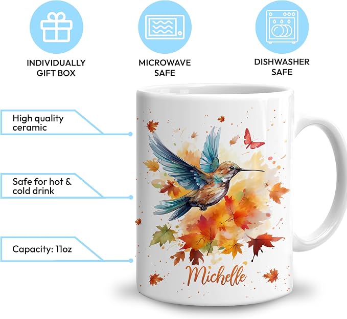 Hyturtle Personalized Fall Hummingbird Maple Leaves Coffee Mug | Birthday Gifts For Hummingbird Lovers - Fall Autumn Decor Gifts For Thanksgiving - Custom Name 11oz White Ceramic Tea Mug - Image 3