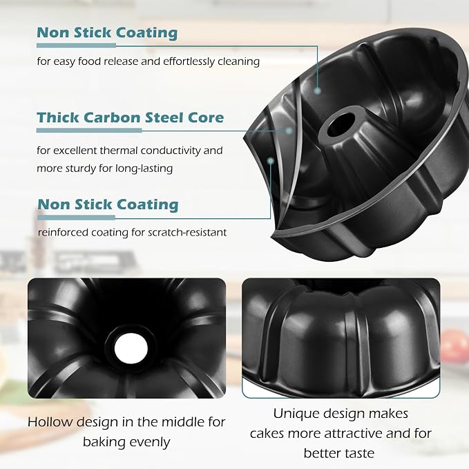 TeamFar 10 Inch Nonstick Cake Pan, 10 Cups Fluted Tube Cake Pan for Baking | Heavy Duty Carbon Steel Round Baking Tray for Making Jello/Monkey Bread/Chocoflan, Non Toxic, Easy Clean - Black - Image 3