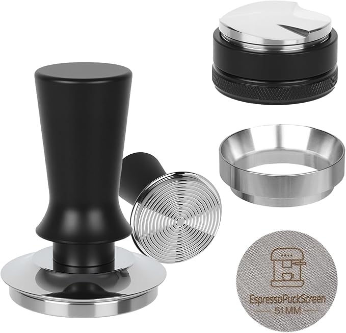 51mm Espresso Tamper Kit - Spring-loaded Coffee Tamper, Adjustable Depth Espresso Distributor Leveler, Magnetic Dosing Funnel Aluminum Metal, Reusable Puck Screen, Fit for 51mm Portafilters
