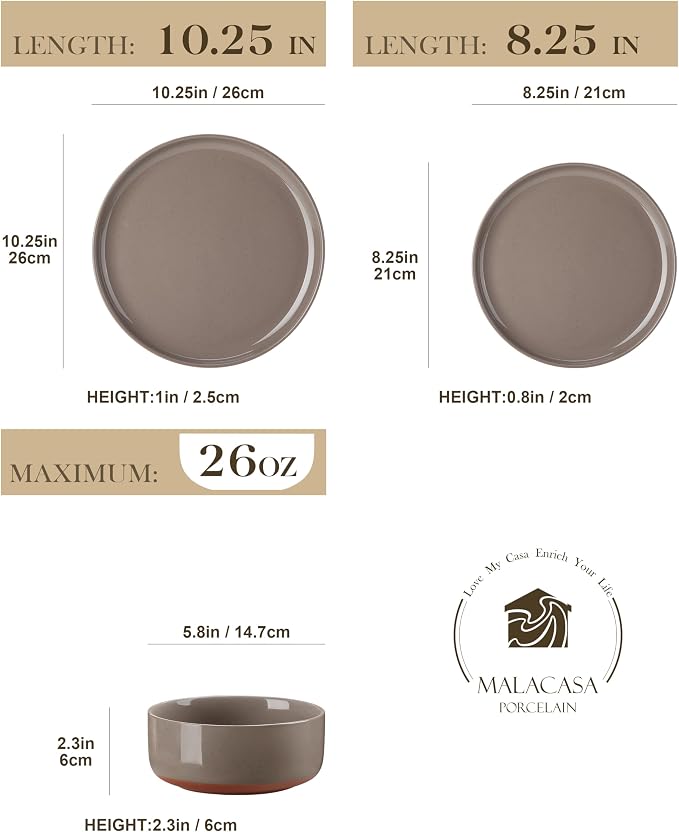 MALACASA Plates and Bowls Sets, 18 Pieces Modern Ceramic Dinnerware Set for 6 Kitchen Dinner Set Stoneware Dishware Dishes Set Microwave and Dishwasher Safe, Brown, Series TARA - Image 2