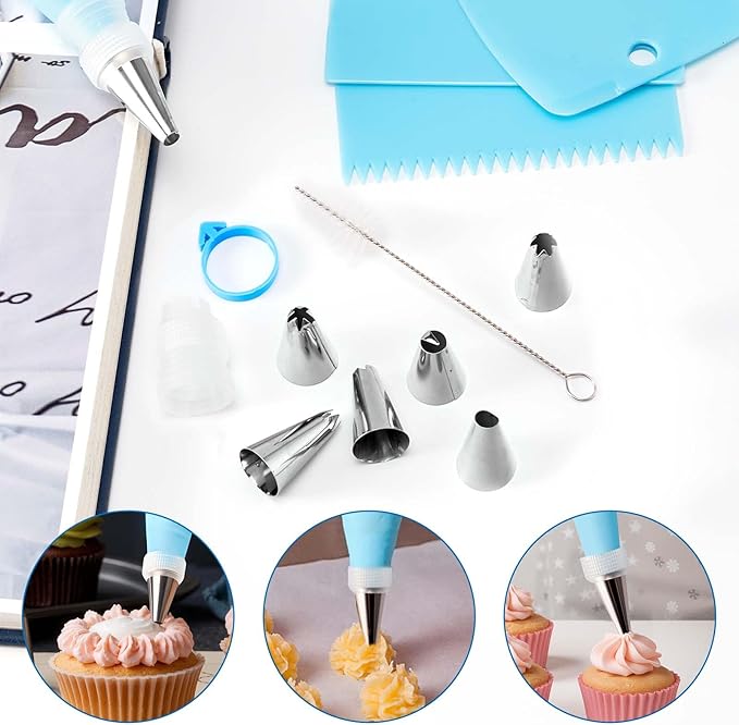 34PCs Cake Decorating Kit–Piping Bags and Tips Set With 24 Stainless Steel Piping Tips,2 Reusable Silicone Piping Bags,3 Smoothers, 2 Couplers,2 Bag Ties & 1 Brush for Baking & Cake Decoration