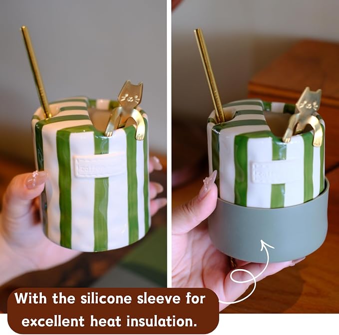 10oz Ceramic Coffee Mug Espresso Cup Hand-Painted Striped Art with Heat-Insulating Sleeve, Cork Coaster, Cat Spoon, Stainless Steel Straw, Birthday Gift for Women Men Him Her - Gift Box - Image 5