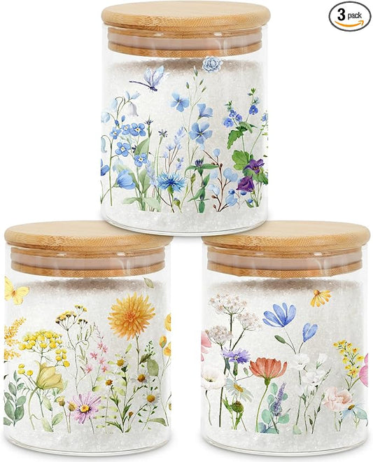 Wildflower Glass Storage Jars with Lids, Candy Cookie Jars, 3 Pcs | Spring Floral Canister Set for Kitchen Floral Airtight Candy Cookie Counter Containers Decor for Sugar Tea by Culudea