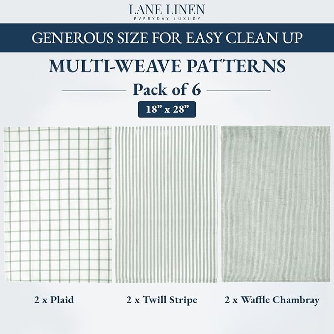 LANE LINEN Cotton Kitchen Towels Set, 6-Pack – Absorbent, Quick-Drying Dish Towels, 18" x 28", Premium Hand and Tea Towels - Olive - Image 2