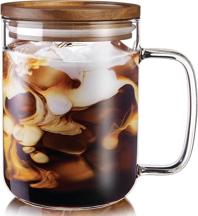 DRASTAR Glass Coffee Mugs,Clear Coffee Cups, 20 oz Coffee Mug with Acacia Wood Lid, Tea Glass Cups with Handles, Large Coffee Mug Set of 1, Glass Coffee Cups for Latte, Espresso, Tea by EnhanceYourDailyLife