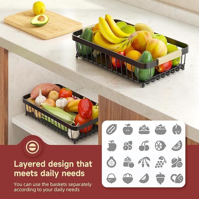 2-Tier Fruit Basket with Banana Hangers, Detachable Metal Bowl | Wooden handle, protective mats included. Versatile holder for bread, snacks, and veggies. 2-Pack 2 tier metal design. - Image 6