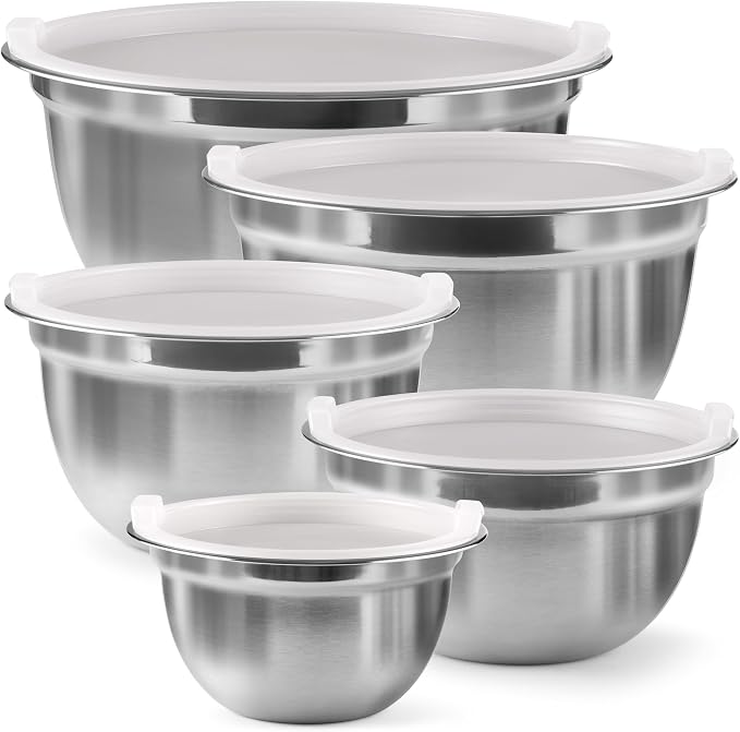 FineDine Stainless Steel Mixing Bowls Set with Lids, Home Kitchen Cooking Essentials Household Must Haves for Baking, 5 Pieces by FINEDINE