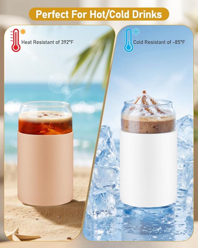 sungwoo Glass Cups with Lids and Straws, 4 Pack 16OZ Iced Coffee Cups with Silicone Sleeve, Glass Tumbler with Straw and Bamboo Lid, Home Essential Drinking Set for Juice, Cocktail and Latte 4 Colors - Image 5