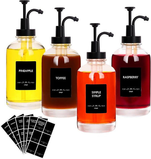 16.9oz Coffee Syrup Dispenser 4Pack- Glass Syrup Dispenser Kit for Coffee Bar Accessories for Home Coffee Bar/Premium Labeled Barista Kit, Matte Black