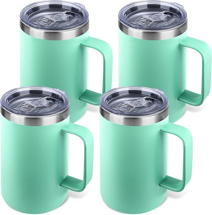 22oz Insulated Coffee Mug with Handle & Leak-Proof Lid - Double Wall Stainless Steel Travel Tumbler Bulk for Commute/Office/Home, Mint Green, 4 Pack by Unknown