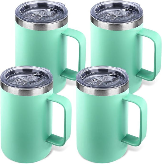 22oz Insulated Coffee Mug with Handle & Leak-Proof Lid - Double Wall Stainless Steel Travel Tumbler Bulk for Commute/Office/Home, Mint Green, 4 Pack by Unknown