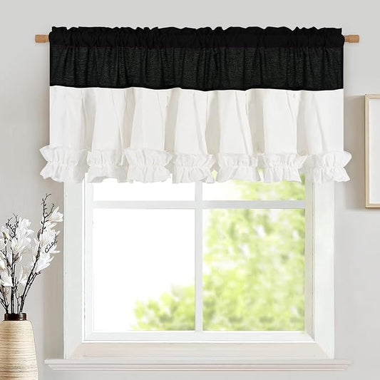 Likiyol Linen Valances for Windows Farmhouse Ruffle Valance Rustic Country Window Valances Light Filtering Kitchen Curtains Rod Pocket Valance Curtains for Bathroom Cafe, Black White, 52" W X 18" L by Likiyol