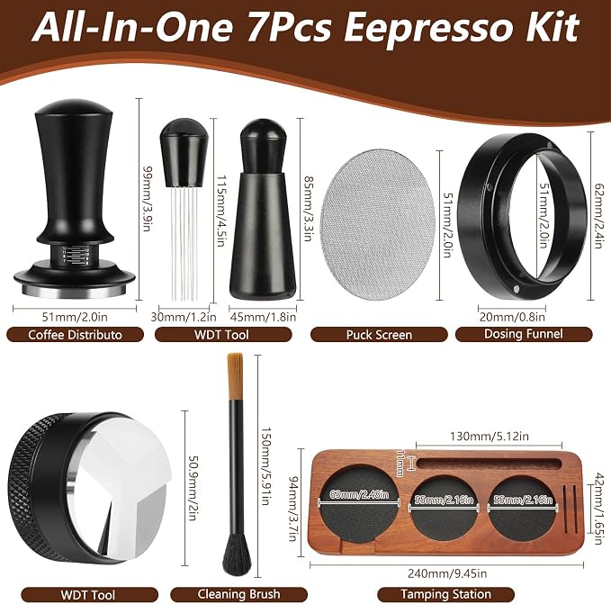 7 PCS Espresso Accessories,WDT Tool Espresso Machine Tamper Tools | Barista Tools Kit,Coffee Tamper with Wood Espresso Tamping Station,Distributor,Stirrer,Dosing Funnel,Brush,Puck Screen(51mm) - Image 3