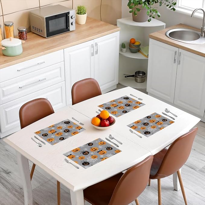 Feelyou Happy Halloween Placemats Set of 4 Pumpkin Lantern Table Mats Gray Orange Black Place Mat for Kitchen Dining Table Party Decor Indoor Outdoor 18"x12" Non-Slip Easy to Clean Spider Web - Image 3