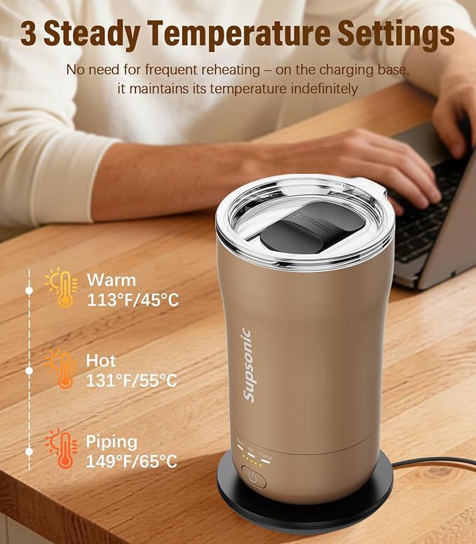 Supsonic - 14oz Heated Coffee Mug, Self-Heating Travel Mug with 3-Temp Settings, Insulated Stainless Steel Constant Temperature Heating Mug for Beverage, Smart Heating Portable Coffee Mug | S1 - Image 2