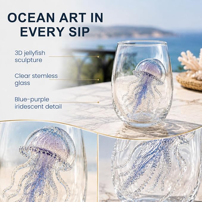 Coastal Stemless Wine Glasses Set of 4, 12oz 3D Ocean Animal Artisan Glassware Collection with Unique Sea Life Designs (F - Set of 1) - Image 2