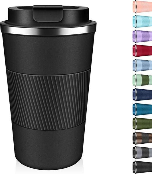 Insulated Coffee Tumbler 12 oz, Stainless Steel Coffee Mug with Lids, Travel Coffee Mug Leak Proof, Double Wall Vacuum Insulated Reusable Coffee Cup, Keep Drinks Hot and Cold (Black, 12 Ounces) by Unknown