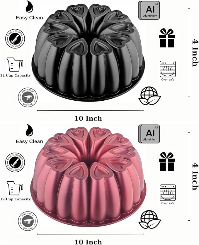 Heart Shape Aluminum Cake Pan, Titanium Coating, Non-Stick, 12 Cups, Gifts for Mom, 10 Inch Baking Mold, Cast Aluminum Fluted Tube Pan, Easy to Clean (2-Pack, Black-Red) - Image 2