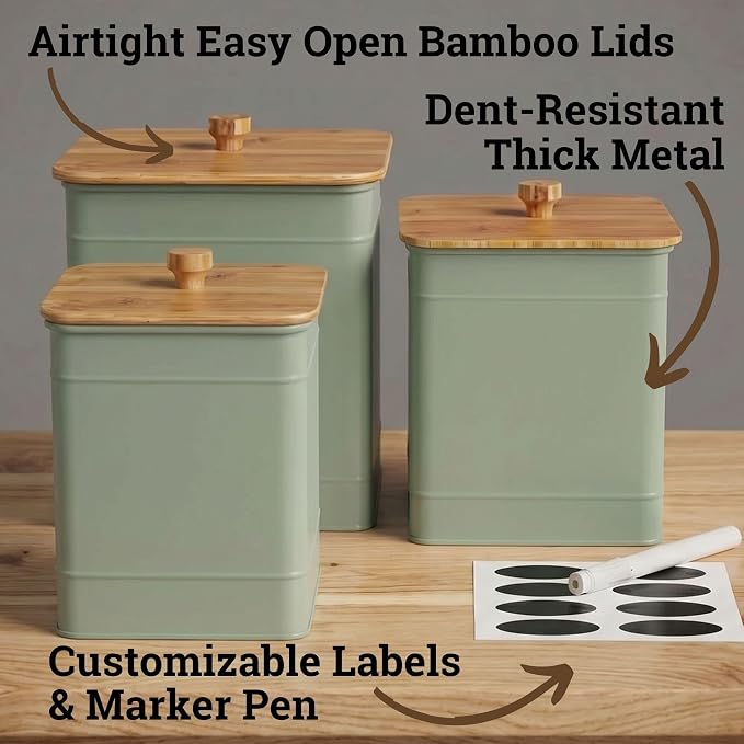 Kitchen Canisters for Countertop Set of 3 w/ Chalkboard Labels & Marker Pen | Airtight Easy Open Bamboo Lids, Dent-Resistant Thick Metal, Customizable Chalkboard Labels, Marker Pen Included, Set of 3 - Image 2