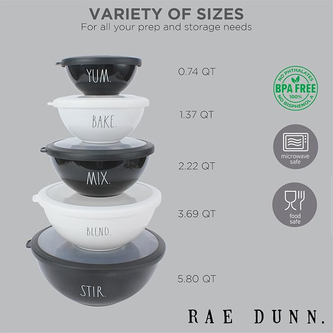 Rae Dunn Mixing Bowls with Lids - 10 Piece Plastic Nesting Bowls Set includes 5 Prep Bowls and 5 Lids (Black) - Image 4