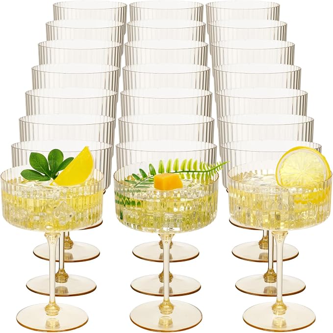 Jingmore 24 Pcs Ribbed Martini Glasses 10 oz Disposable Plastic Vintage Ribbed Coupe Glasses Unbreakable Dessert Parfait Glassware for Wedding Birthday Party Supplies (Gold) by Jingmore