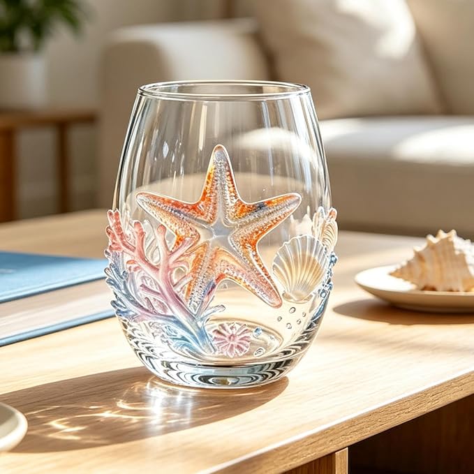 Coastal Wine Glasses, 3D Starfish and Coral Stemless Wine Glasses (A) | Coastal Stemless Juice Glassware, Handcrafted Marine Animal Drinking Glass, Coastal Home Decor, for Birthday Holiday - Image 4