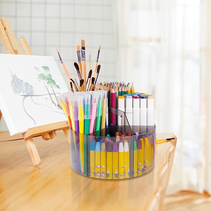 Absonic Acrylic Pen Holder Crayon Organizer for Kids, 6 Slots Arts and Crafts Organizer Marker Caddy Organizer for Classroom, 360 Rotating Pencil Holder Art Supplies Storage for School Office Grey