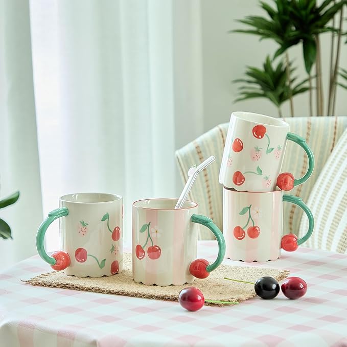 15oz Hand Painted Mug with 3D Cherry Handle - Strawberry & Cherry Pattern. Lead-Free, Microwave/Dishwasher Safe. Aesthetic Coffee Tea Cup Gift for Women & Girls-4pack - Image 9