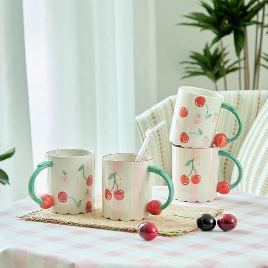15oz Hand Painted Mug with 3D Cherry Handle - Strawberry & Cherry Pattern. Lead-Free, Microwave/Dishwasher Safe. Aesthetic Coffee Tea Cup Gift for Women & Girls-4pack by DelightsGalore