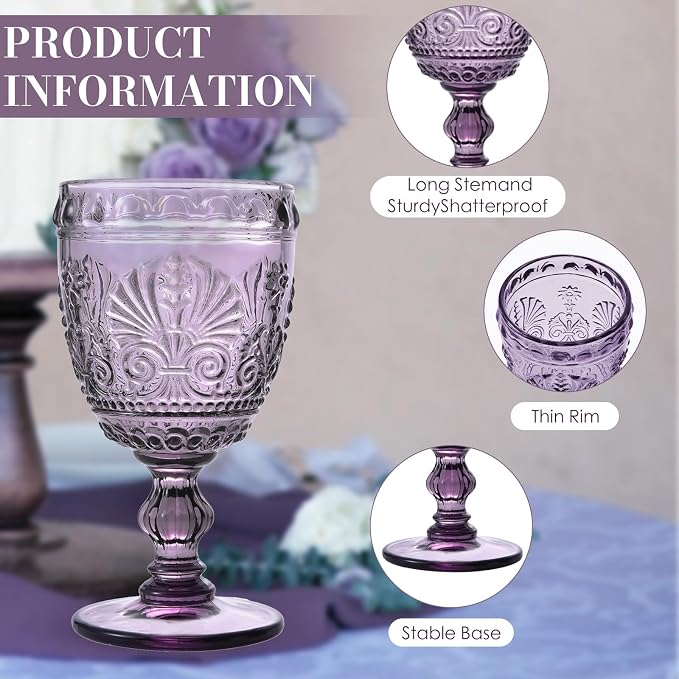 6 Pcs Purple Wine Glasses,Goblet Glasses,Vintage Glassware, Made of Sturdy and Durable Glass Can be Used for Weddings, Everyday Fun Parties and More! - Image 4
