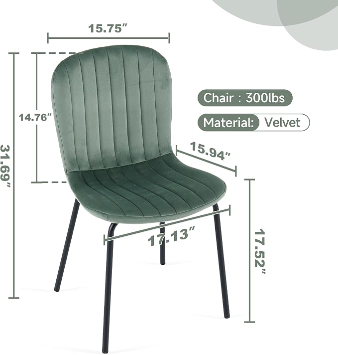 Green Velvet Dining Chairs Set of 4, Modern Kitchen Chairs with Metal Legs, Space-Saving Small Armless Chairs for Dining Living Room Apartment Restaurant - Image 2
