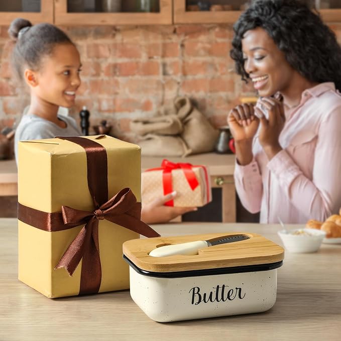 LANDNEOO Butter Dish with Lid and Butter Curler Knife, Unbreakable Metal Keeper Container Double Silicone Sealing, Speckled White, 6.2'L x 4.2' W x 2.2' H, 2 Sticks Capacity, Stainless Steel, Bamboo - Image 6